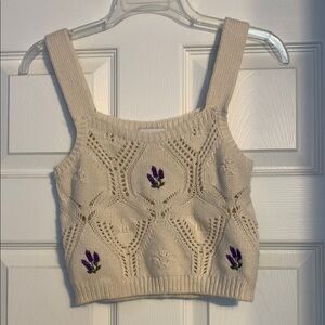 Pink Rose S Cream Knit Tank Top with Purple Floral Accents